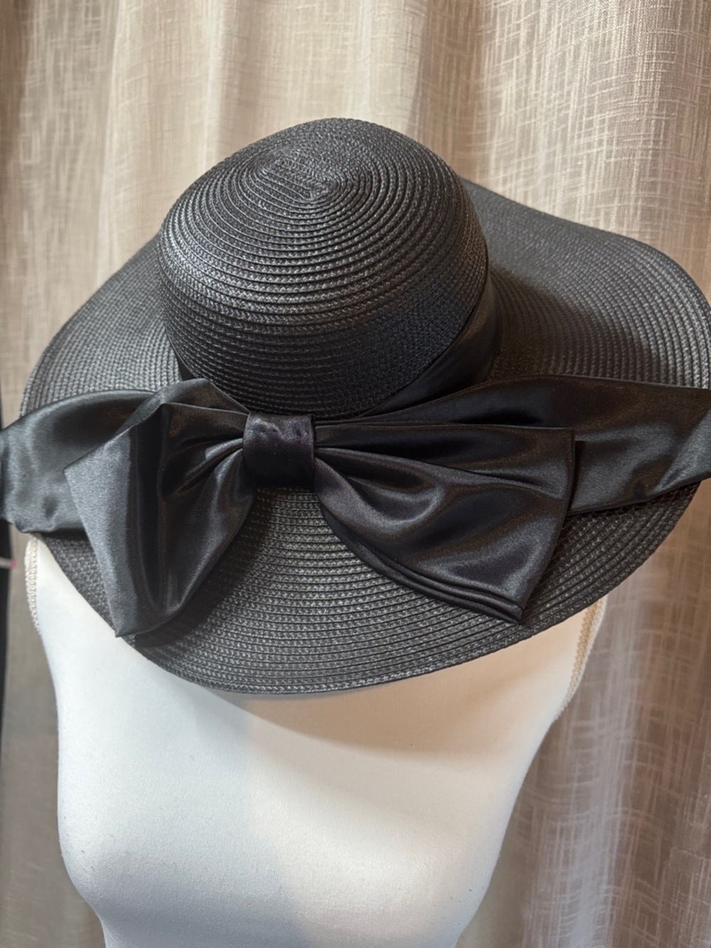 Scala Black Wide-Brim Straw Hat with Satin Bow.  NWOT